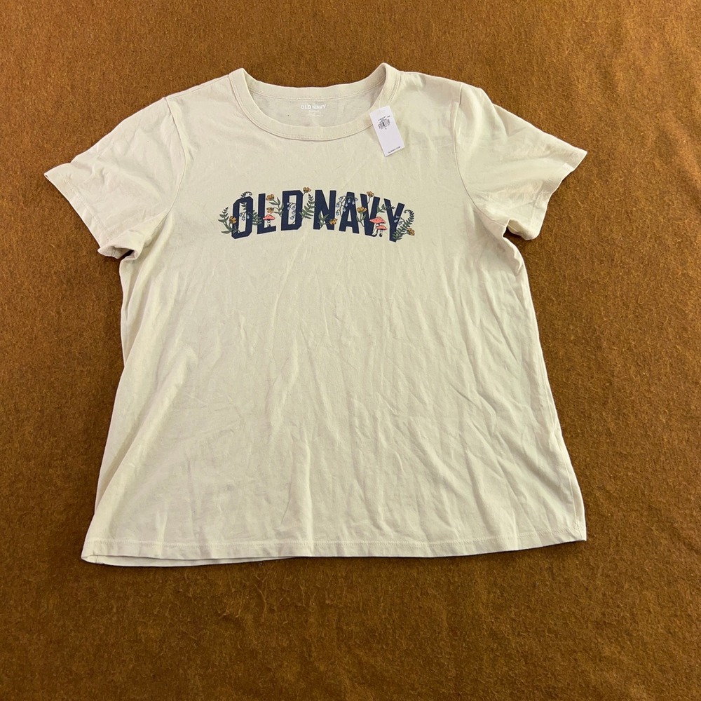 Old Navy Womens Large Tan Floral Mushroom Logo Graphic Short Sleeve T-Shirt NWT